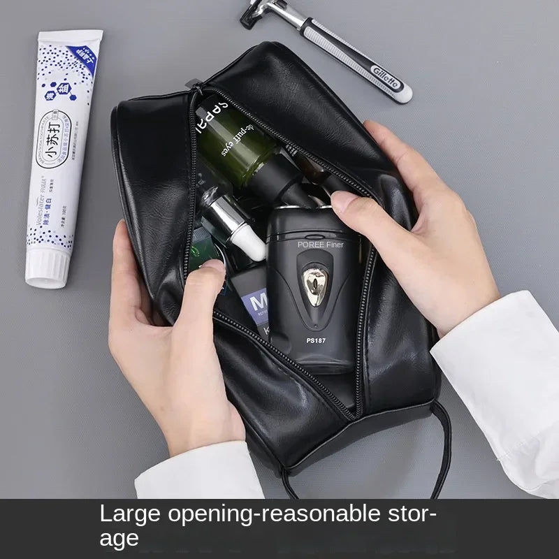 Cyflymder Men Leather Wash Bag Travel Business Trips Portable Cosmetic Bag Large Capacity Multi Pocket Design Handheld Leather Wash Bag