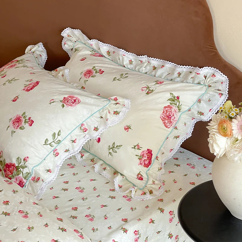 Cyflymder  Rustic Vintage French Rose Floral Ruffles 100% Cotton Bedding Set Duvet Cover Set Flat/Fitted Bed Sheet Pillowcases 4Pcs