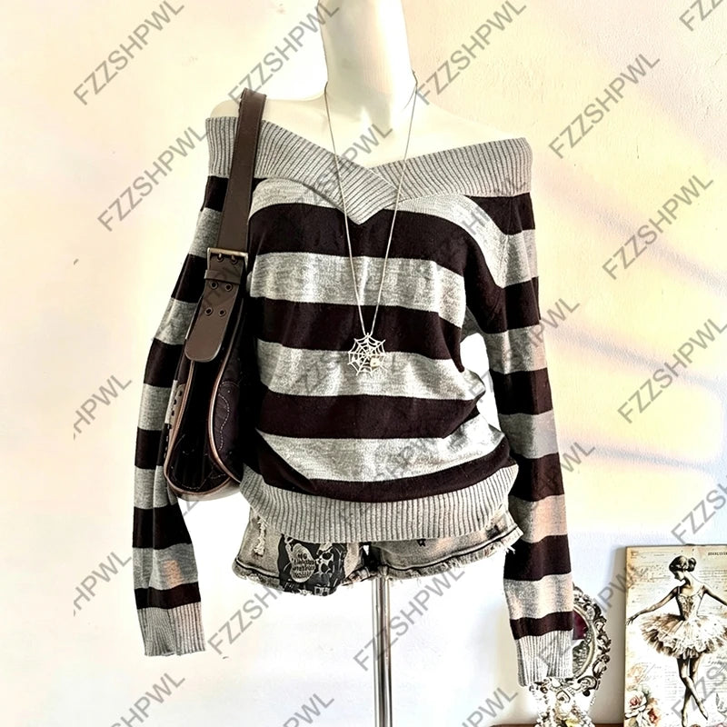 Cyflymder  Y2k Off Shoulder Knit Sweater Vintage vibe Stripe Harajuku Punk Pullover Fashion Subculture Long sleeve Top Hotsweet Grunge Goth