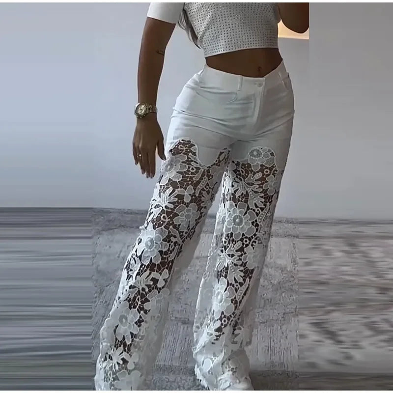 Cyflymder  Retro Lace Patchwork Women Blue Denim Pants High Waist Wide Leg Baggy Jeans Chic Y2k Fashion Casual Elegant High Street Trousers