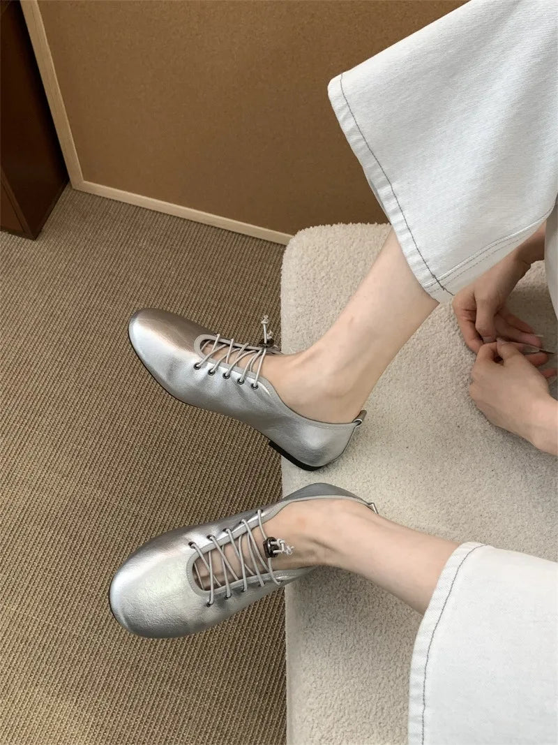 Cyflymder  Retro Lace Soft Leather Women Flats Cozy Round Toe Ballet Style Outdoor Walking Casual Shoes Ladies Fashion Brand Designer Pumps