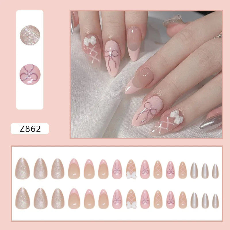 Cyflymder 24pcs/set French Strawberry Butterfly Cat Eye Press on Nails Fake Nails Manicure Detachable Nail Tips Oval False Nails Full Set