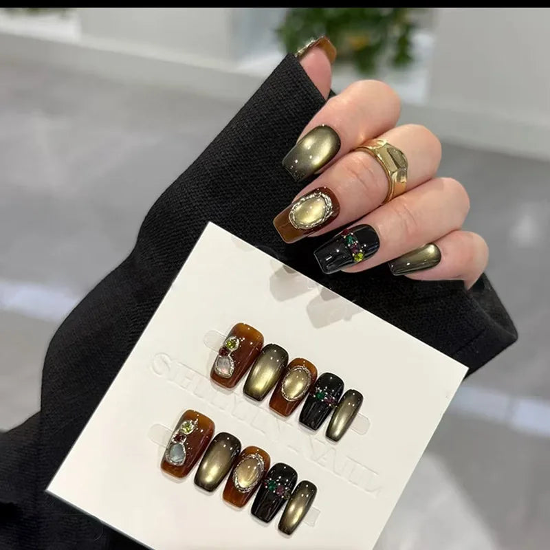 Cyflymder  10Pcs/set Coffee-Brown Cat's Eye Press on Nails Autumn Handmade Nail Art Sweet Cool Fake Nails Retro French Ballet Nail Supplies