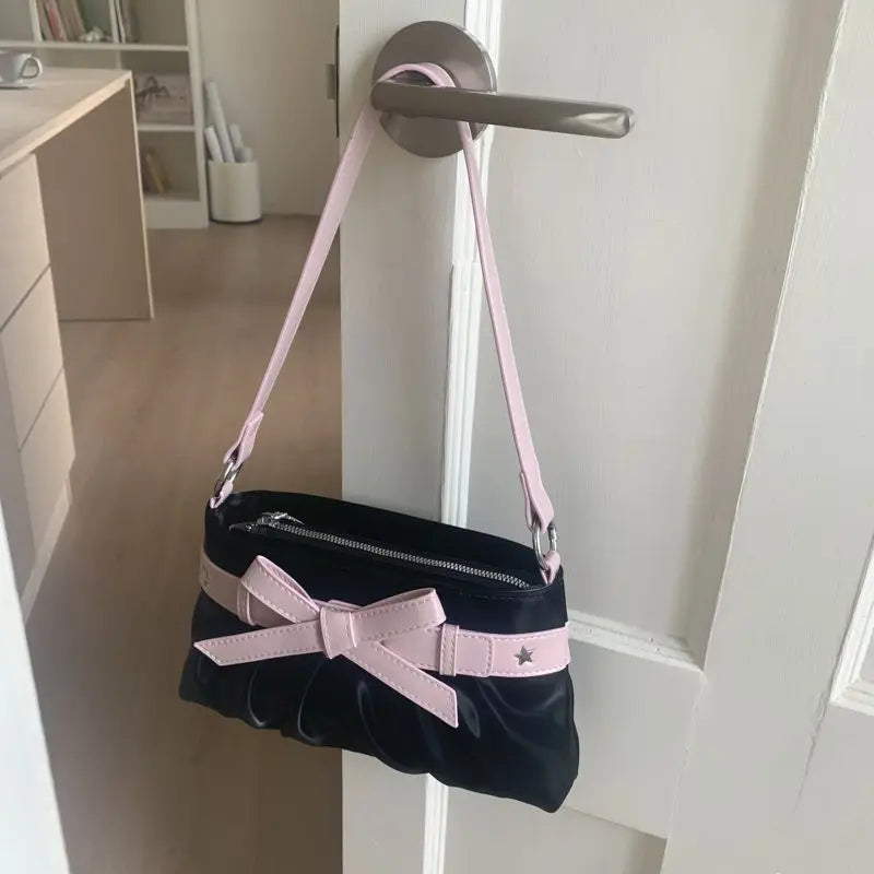 Cyflymder  Korean Hot Girl Bow Studded Handbag Women Simple Design Sweet Shoulder Bag Ladies Elegant Fashion Underarm Purse Y2k Aesthetic