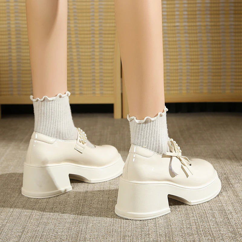 Cyflymder  Vintage High Heels Mary Jane Shoes for Women 2025 Patent Leather Platform Pumps Woman Pearls Thick-Heeled Shoes Female