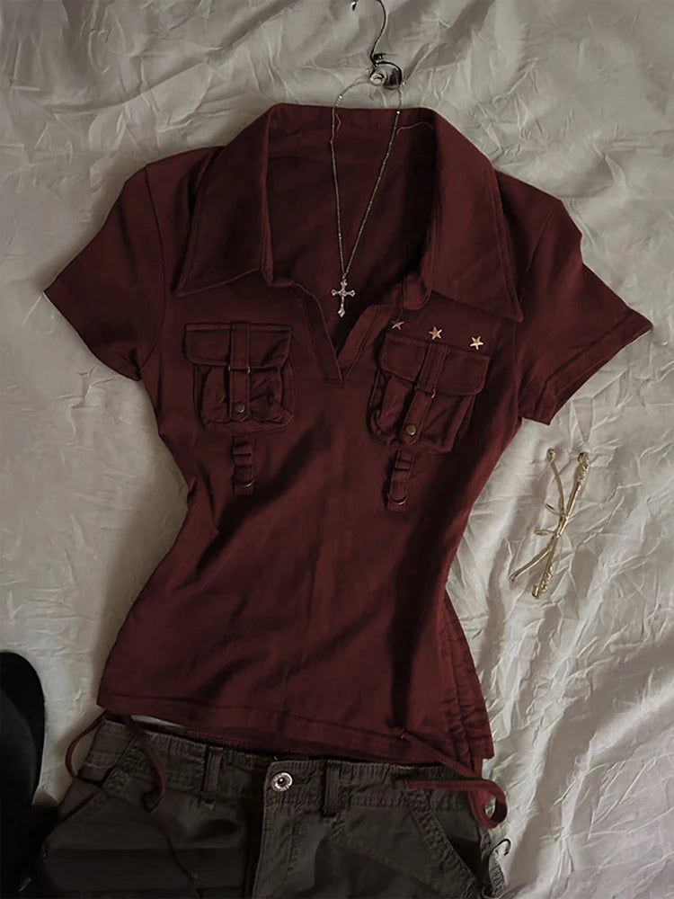 Cyflymder  Coffee Colored ort Sve  Ne T-irt Women's Summer Slim Fit Retro American Sle Waist Cinched Top Byao Girl