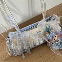 Cyflymder  Bow Plaid Blue Purse Shoulder Bag Women Fairy Core Aesthetic Trendy Silk Ribbon Chic Y2k Handbag Ladies Sweet Cute Underarm Bag