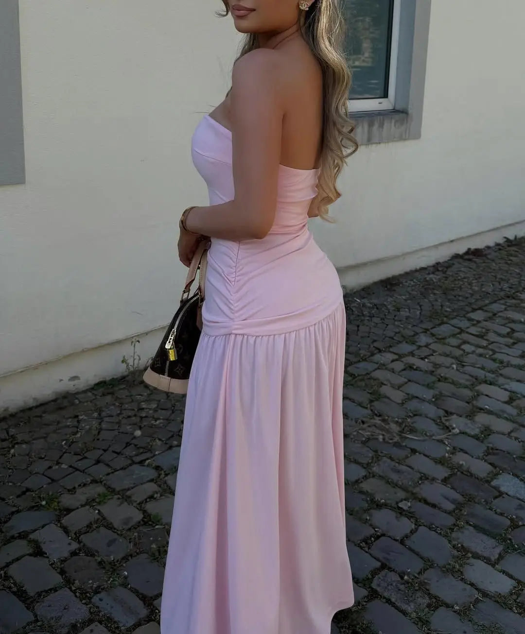 Cyflymder  Elegant Ruched Strapless Dress Women Sexy Pastel Pink Off Shoulder Side Zipper Midi Dress 2025 New Summer Party Evening Dresses