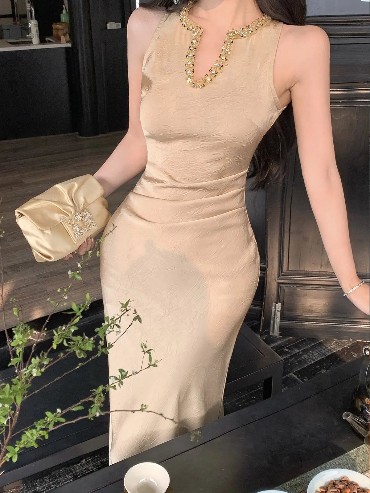 Cyflymder  Elegant Gold Sleeveless Long Dress V-Neckline Events Evening Parties Luxurious woman dresses  Hot Sexy Flowy Clothing