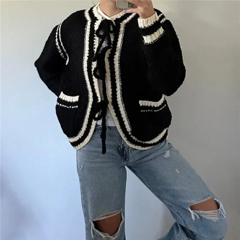 Cyflymder  Women Y2k Tie Front Knitted Cardigan Sweater Long Sleeve Open Front Oversized Cardigan Knitwear Tops 00s Vintage Streetwear
