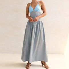 Cyflymder  Women Halter Neck Striped Backless Maxi Dress Summer Sleeveless Long Dress Vacations Outdoor Backless Flowy Dress