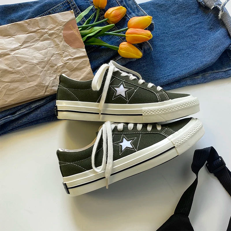 Cyflymder  Retro Star Canvas oes Women's Versatile Little Dir oes INS Skateboard oes Hong Kong Sle Ulzzang Trendy Student Whit...