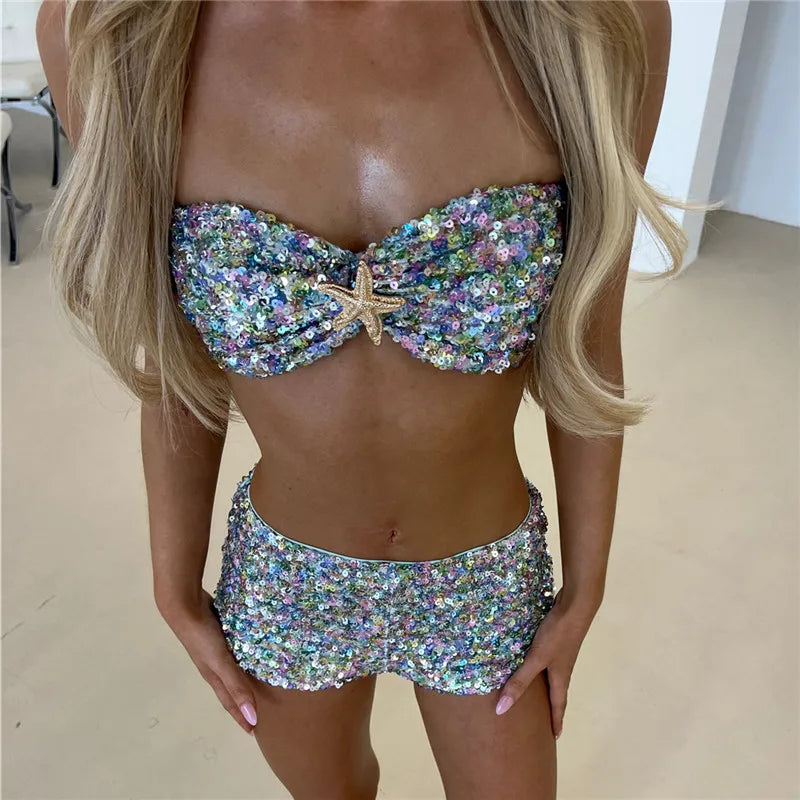 Cyflymder  Sexy Women's Summer Sequin Outfit Stylish Sparkly Bra Tops and Low Rise Mini Skirts/Shorts 2 Pcs Set Party Rave Outfit