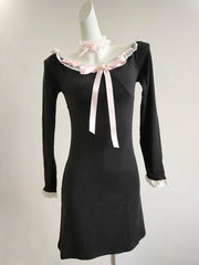 Cyflymder  Cute Dresses Women Summer Autumn Lace Trim Bows Decoration Slim Long Sleeve Black Dress for Sweet Girls Kawaii Clothes