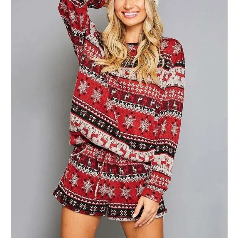 Cyflymder  Christmas Women's Two Piece Sets Print O-neck Drawstring Hem Tops Shorts Party Casual New in Matching Sets 69512