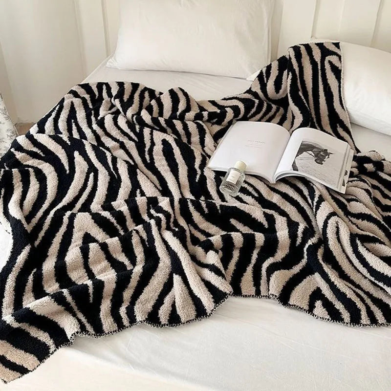 Cyflymder  Zebra Patterned Sofa Knitted Blankets A-Class Half Flannel Nap Soft Blanket for Offices Home Hotel Homestay Bed End Towel
