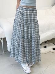 Cyflymder  Casual Sweet Plaid A-Line Skirts Holiday Mid-Waisted Maxi Skirts Women 2025 Summer Fashion Streetwear Preppy Style Lady
