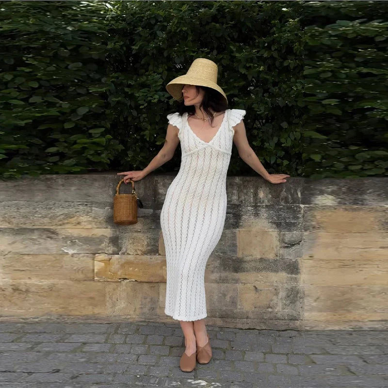 Cyflymder  Chic V-Neck Knitted Lace Long Dress Woman Hollowed Out Short Sleeves Slim Robes Solid Color Casual Elegant Women's Long Dresses