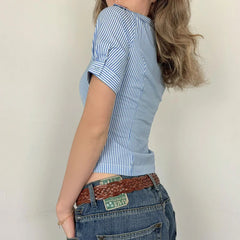 Cyflymder  Women's Summer Stripe Print Shirt Short Sleeve Lapel Button Down Slim Fit Tops Streetwear