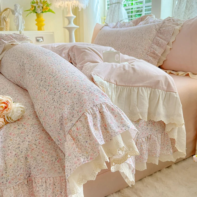 Cyflymder  Korean Princess Style Small Florals Lace Ruffles 600TC Cotton Brushed 4Pcs Bedding Set Duvet Cover Flat/Fitted Sheet Pillowcases