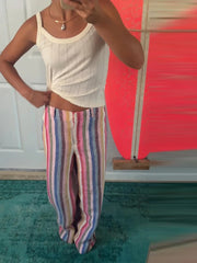 Cyflymder  Multicolor Striped High Waisted Pants Wide Leg Full Length Retro Resort Trousers Summer Casual Fashion Beach Daily Wear