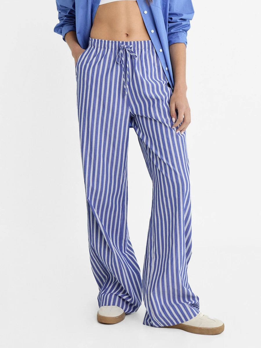 Cyflymder  Women Striped Pajama Pants Elastic Waist Straight Wide Leg Trousers Casual Loose Fit Going Out Bottoms with Pockets