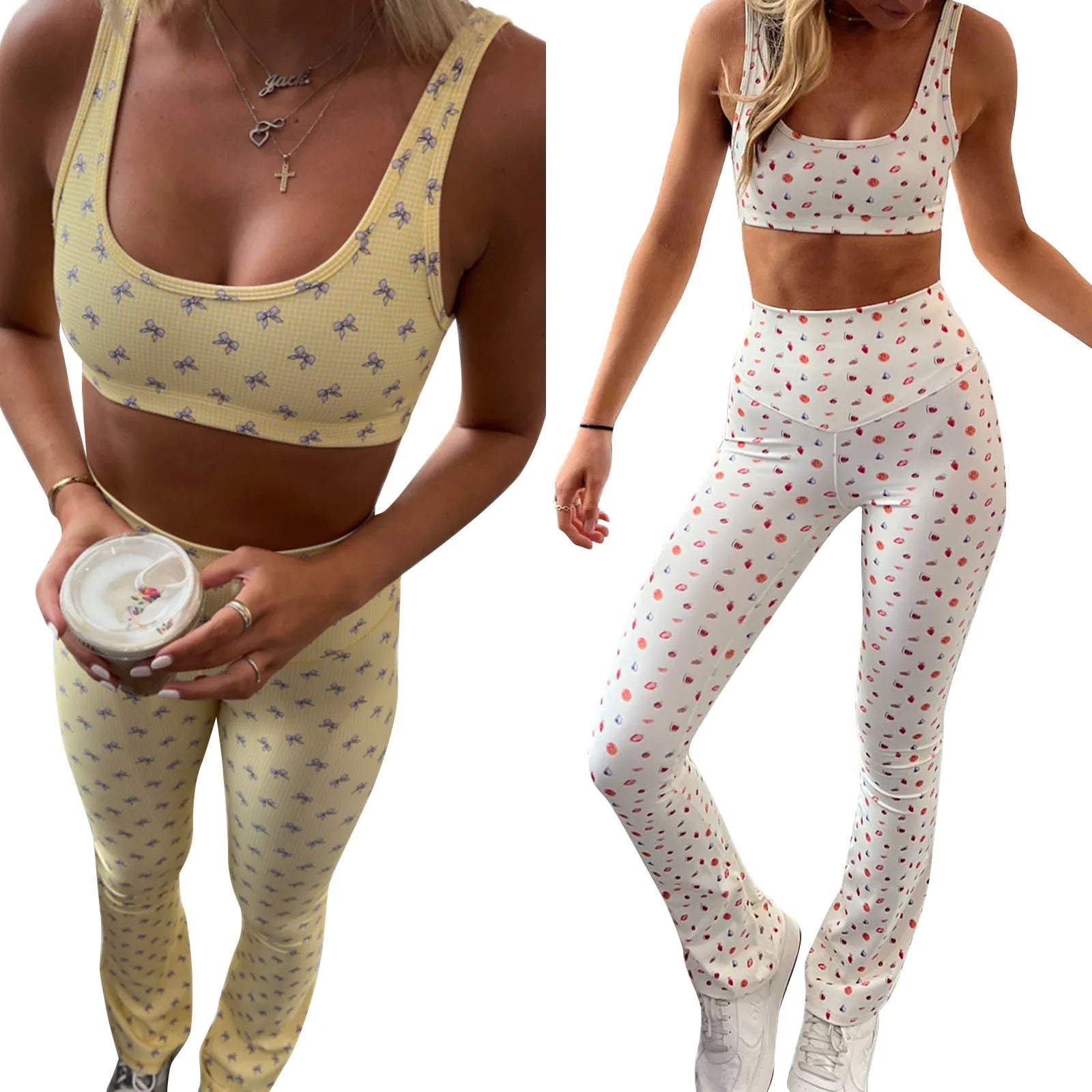 Cyflymder  Women's Summer Two Piece Yoga Sportswear Plaid Bow Print U-Neck Bra with High Waist Slim Leggings Set Y2K Streetwear