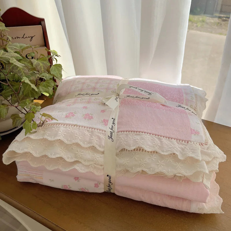 Cyflymder  New A-Class Hollow Lace Bedding Set Fitted Sheet Quilt Cover Pillowcase for Spring Summer Korean Skin Friendly Cozy Bedclothes