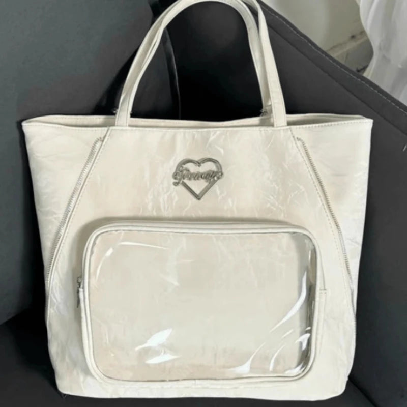 Cyflymder  Transparent Fashion Heart Tote Bag All Match Simple Y2k Aesthetic Women Handbags Vintage Casual High-capacity Shoulder Ita Bags