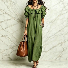Cyflymder  Summer Woman Dress Round Neck Short Sleeve Ruffle Dresses Women's Summer Loose Fit Maxi Dress Chiffon Boho Style Casual Dress