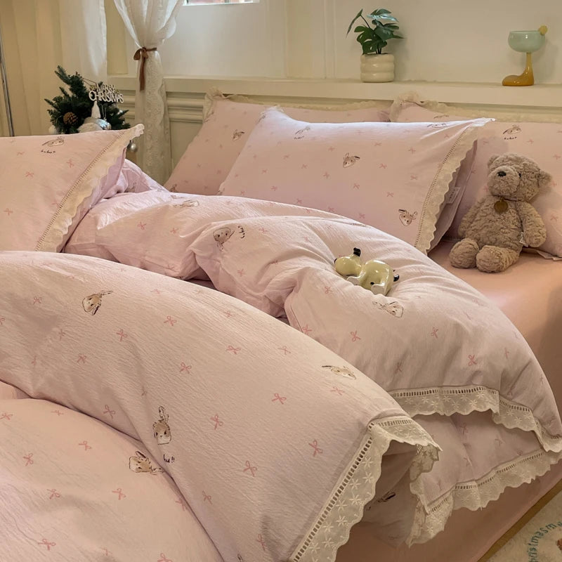 Cyflymder  INS Korean Style 2025 New Yungan Cotton Wrinkled Double-layer Yarn Lace Bedding Sets