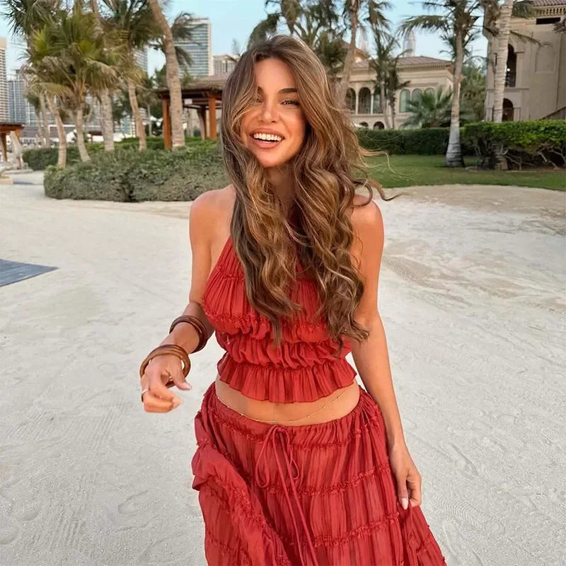 Cyflymder  Sexy Pleated Vest Skirt Sets Women Elegant Solid Backless Sleeveless Tank Tops Drawstring Skirt 2025 Summer Vacation Lady Outfit