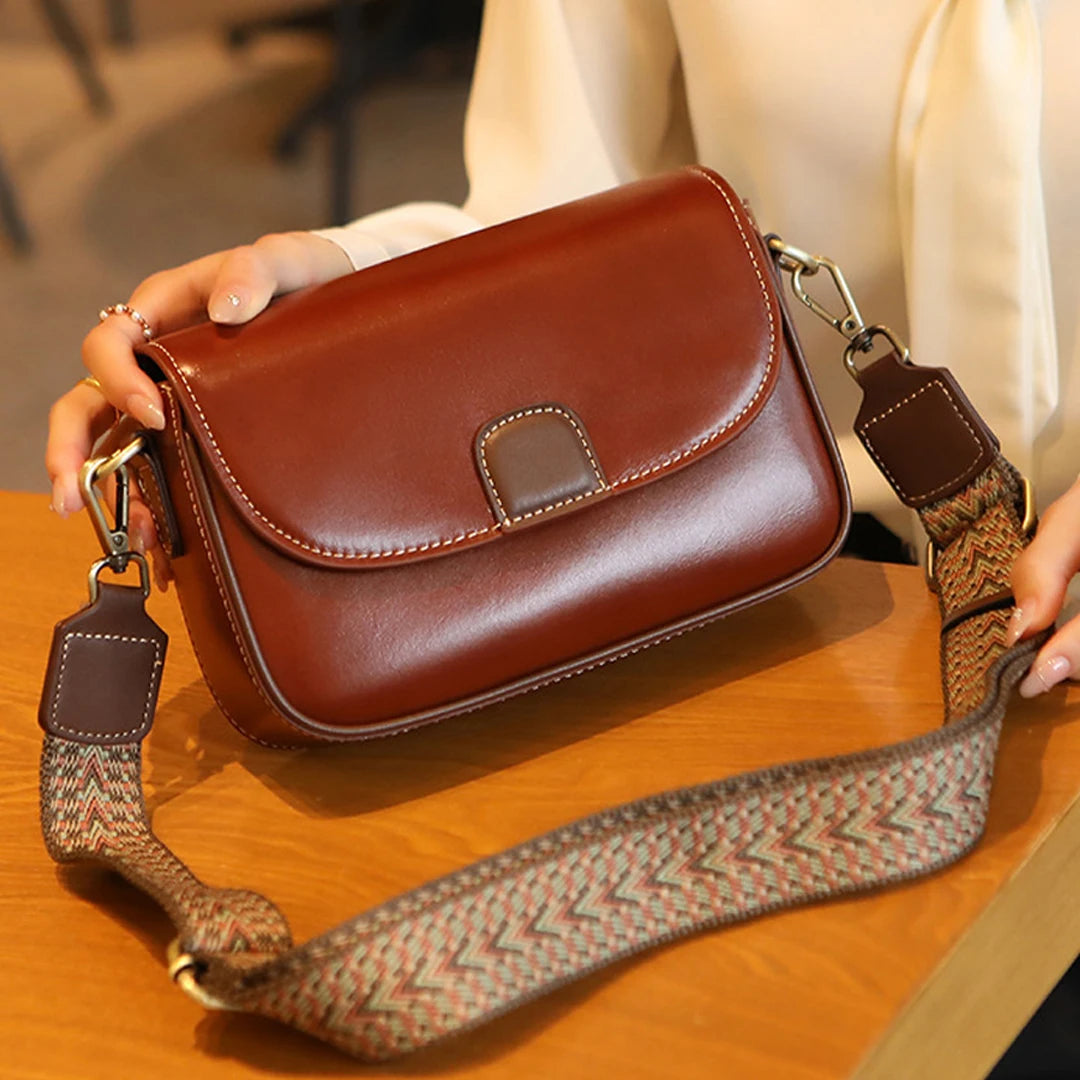 Cyflymder  new fashionable retro cowhide shoulder bag with contrasting ethnic style wide shoulder strap and crossbody small square bag