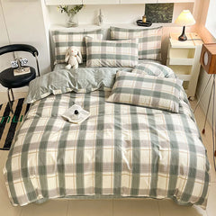 Cyflymder New Pure Cotton Bedding Set with Fitted Sheet Duvet Cover Pillowcase Simple Printed Grid Comfortable Bedclothes Single Double