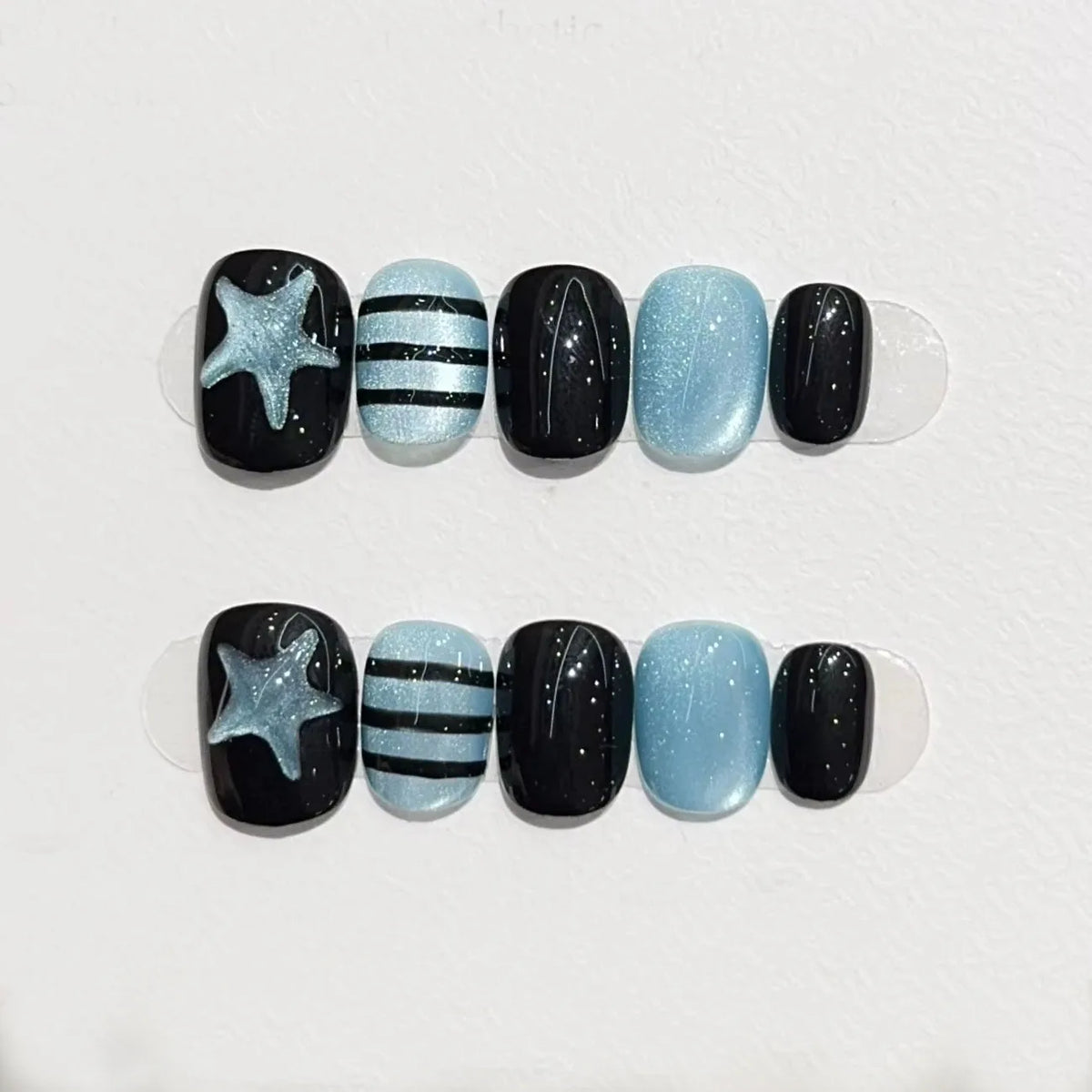 Cyflymder  10pcs Short Oval Shaped Press-On Nails - Color Block Stripes & Star Designs Glossy Mix-and-Match False Nails for Women and Girls