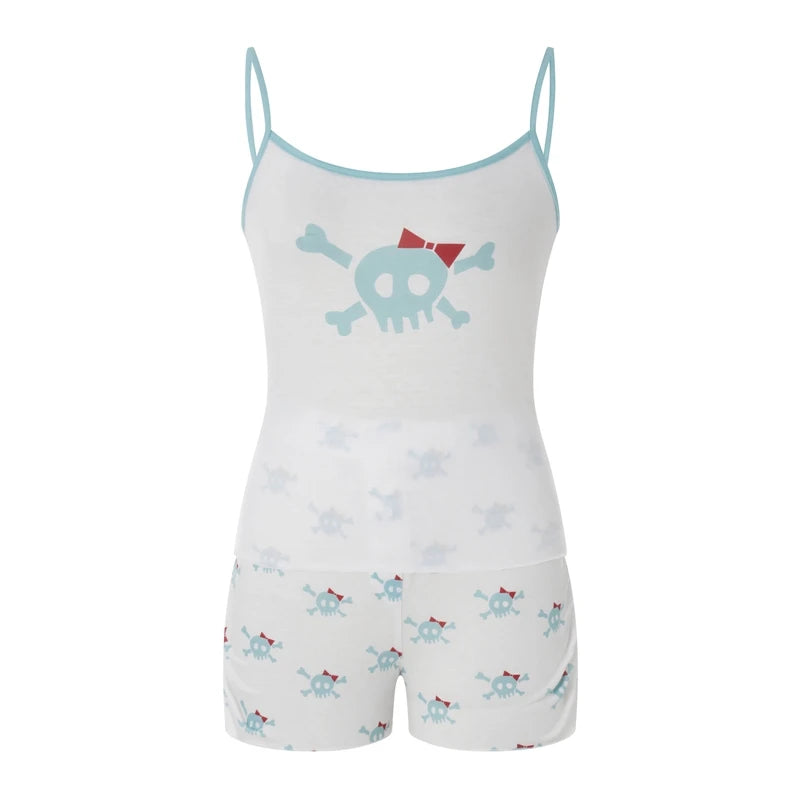 Cyflymder  Fairy Y2K 00s Vintage 2 Piece Kawaii Skull Print Pajama Set Lovely White Cami + Mini Shorts Grunge Coquette Lounge