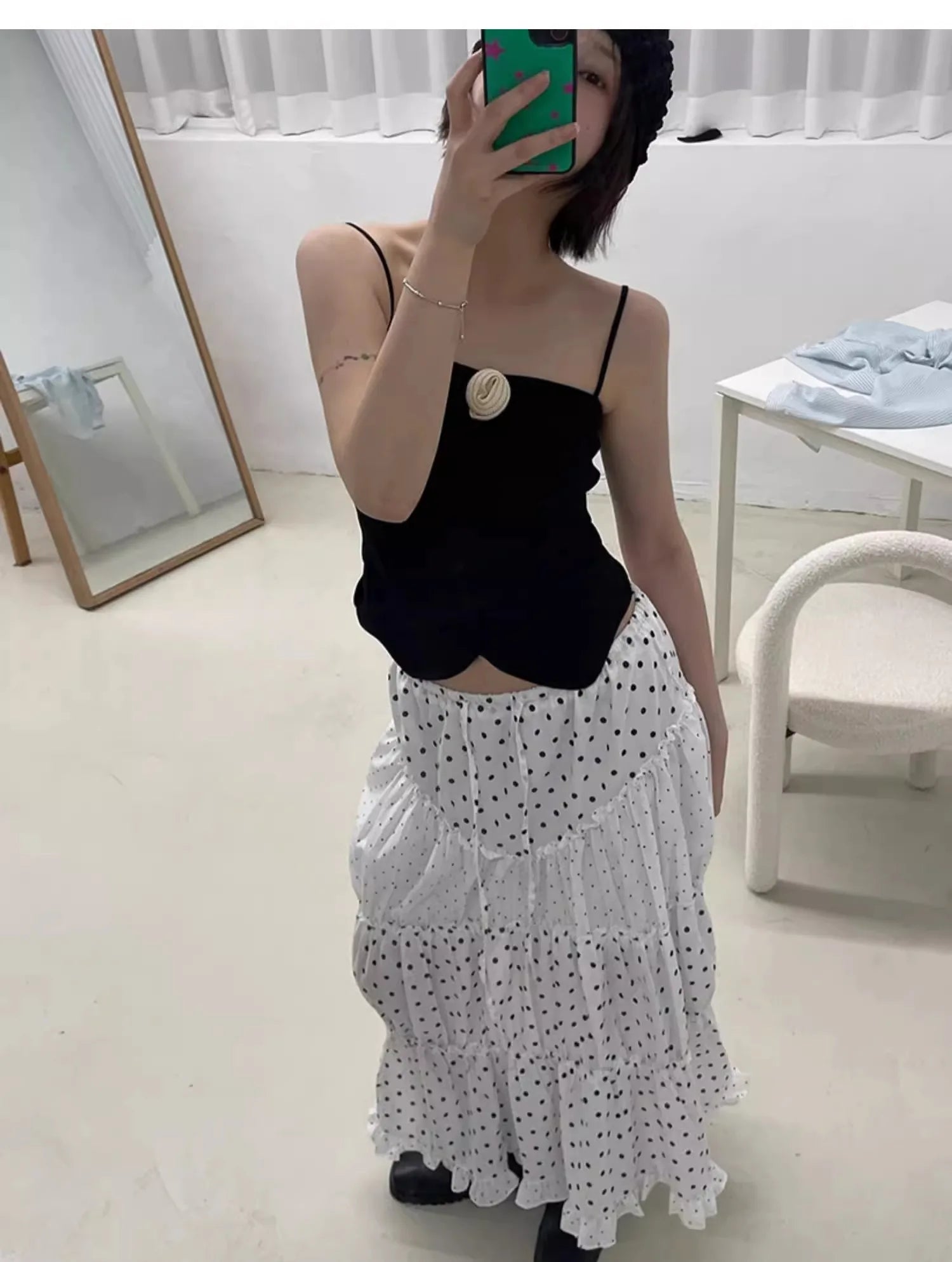 Cyflymder  Oxygen Girl Retro Polka Dot f-length Skirt with Pleated Lace Elastic Waist A-line Mid-length Commute Sle Summer 2025