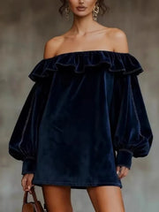Cyflymder  Elegant Off Shoulder Velvet Dress Woman Sexy Elegant Temperament Slim Dress Vintage Long Sleeve Spring Autumn Mini Dress 2026