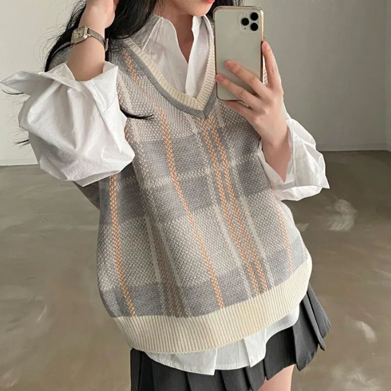 Cyflymder Autumn Winter Female Korean Loose Sweater Vest Vintage Office-lady V-neck Jumpers Pullover Women Knitted Tops Pull Femme 23875