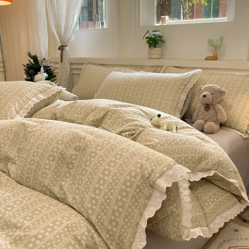 Cyflymder  INS Korean Style2025 New Yungan Cotton Wrinkled Double-layer Yarn Lace Bedding Sets