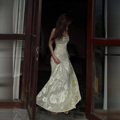 Cyflymder  French Luxury Satin Heavy Floral  Bodycon Maxi Dress  Sleeveless Spaghetti Strap Elegant Vestidos Evening Party Dresses
