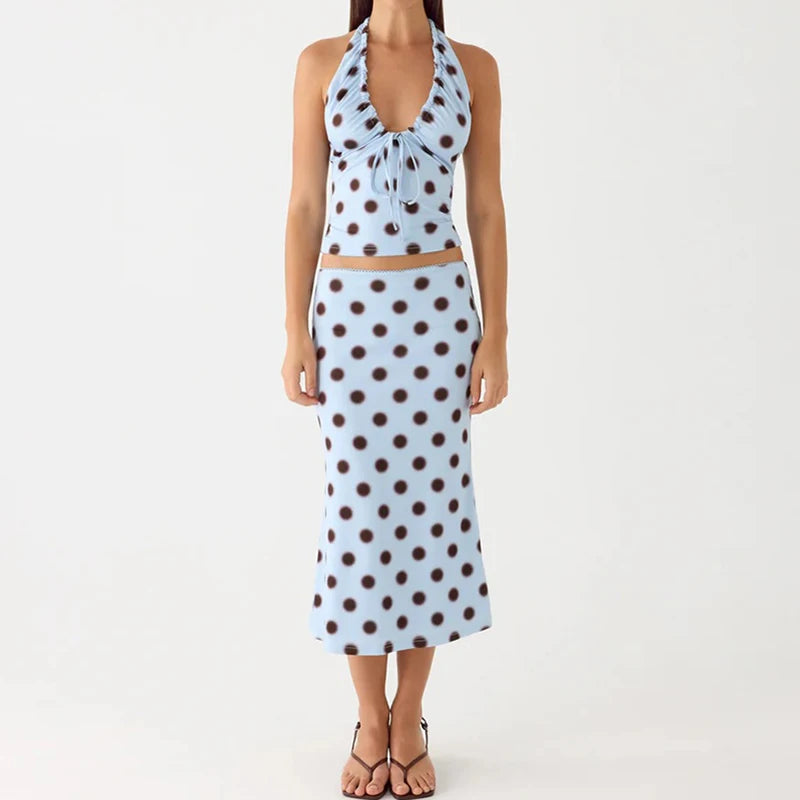 Cyflymder  Women Coquette 2 Piece Skirt Set Dot Print Ruched Tie Front Halter Neck Tank Tops + Bodycon Midi Skirt Y2k Outfits