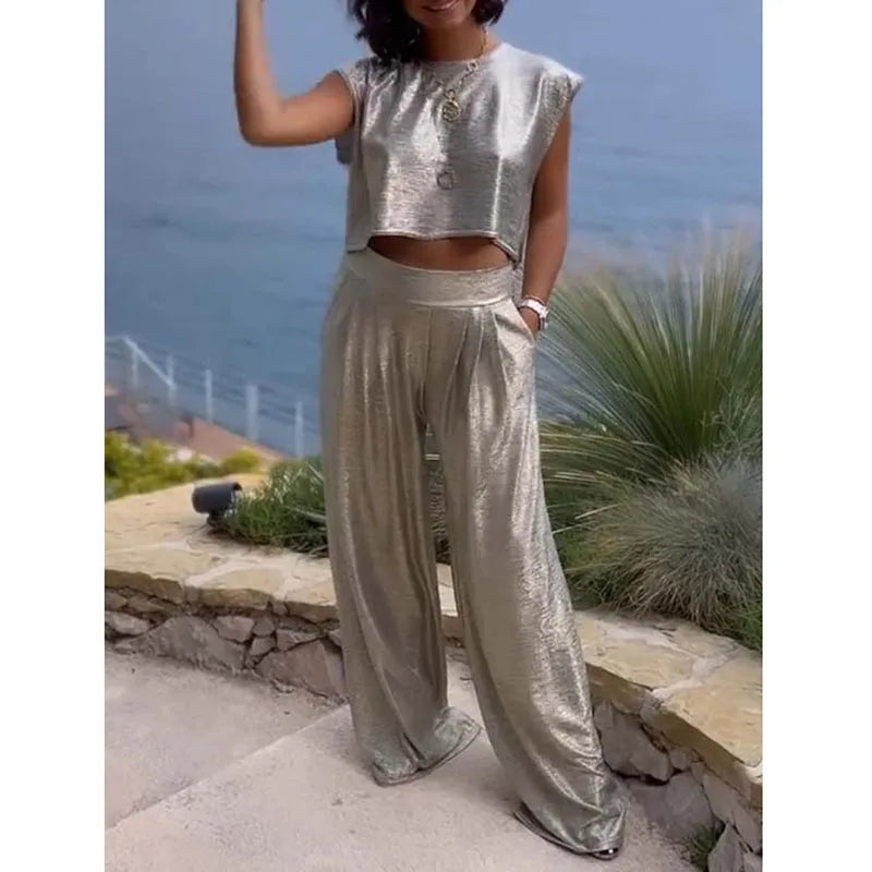 Cyflymder  Summer Bronzing Women's Sets Elegant Sleeveless O Neck Vest Top Matching Pocket Pants Suits Female Office Casual Outfit