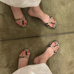 Cyflymder   Women Snake Print Kitten Heel Slide Sandals Summer Square Toe Flip Flops Elegant Thin Strap Mule Slippers Outdoor Party Dress Pu