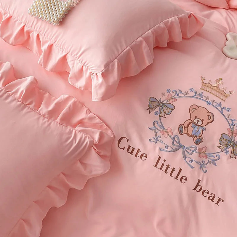 Cyflymder  French Embroidered Bed Skirt Bedding Sets Washed Cotton Knitted Bedclothes with Ruffled Edges Universal Size Textile Supplies