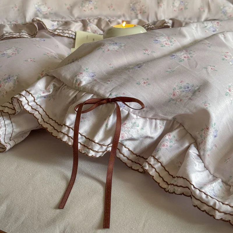 Cyflymder  100% Cotton Pastoral Floral Print Ruffles Bow Princess Bedding Set Queen King Duvet Cover Set Bed Sheet/Fitted Sheet Pillowcases