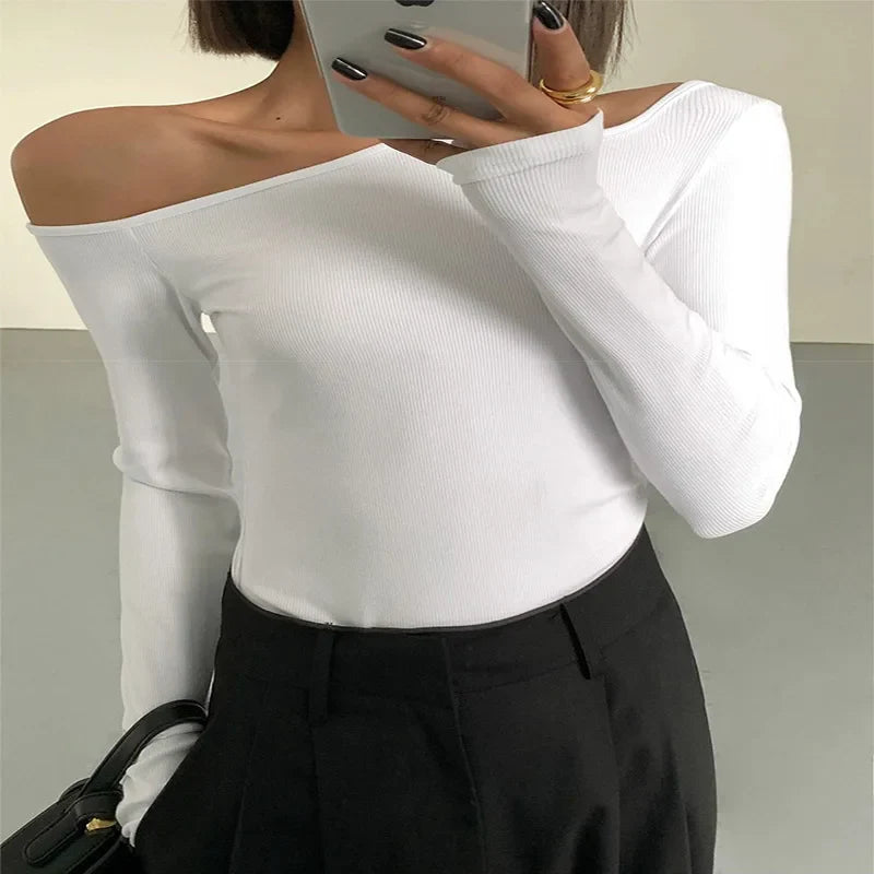 Fashion Skew Collar Off-shoulder Long-sleeved T-shirts Women Spring New Solid Slim Fit Crop Top Sexy Hollow Out Tees Shirts Cyflymder