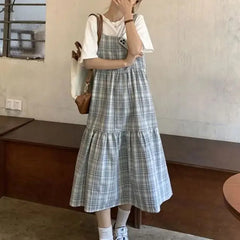Cyflymder  Preppy Style Plaid Matching Sets Women's Clothing Two Piece Set Summer Short Sleeve Loose A-Line Vintage Spliced Long Dress Sets