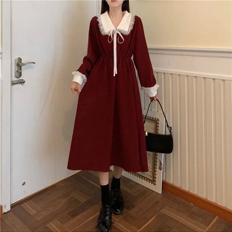 Cyflymder holiday dress New Vintage Shirt Dress Women Autumn Spring Long Sleeve Robe Kawaii Lolita Elegant Midi Dresses Korean Fashion Vestido платье