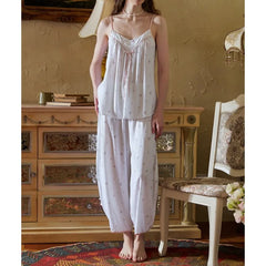 Cyflymder  Summer little rose print suspenders bloomers cotton silk pajamas contrasting edge loose and comfortable girl loungewear set